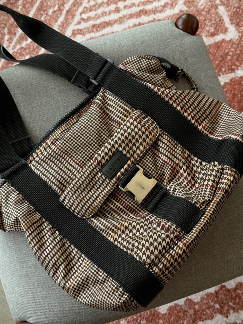 Tote Houndstooth Nylon Shopping Bag with Black Straps